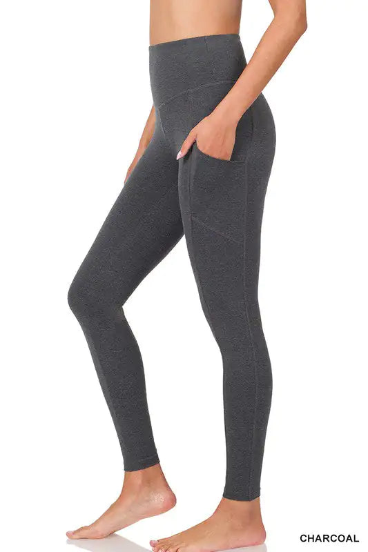 COTTON WIDE WAISTBAND POCKET LEGGINGS