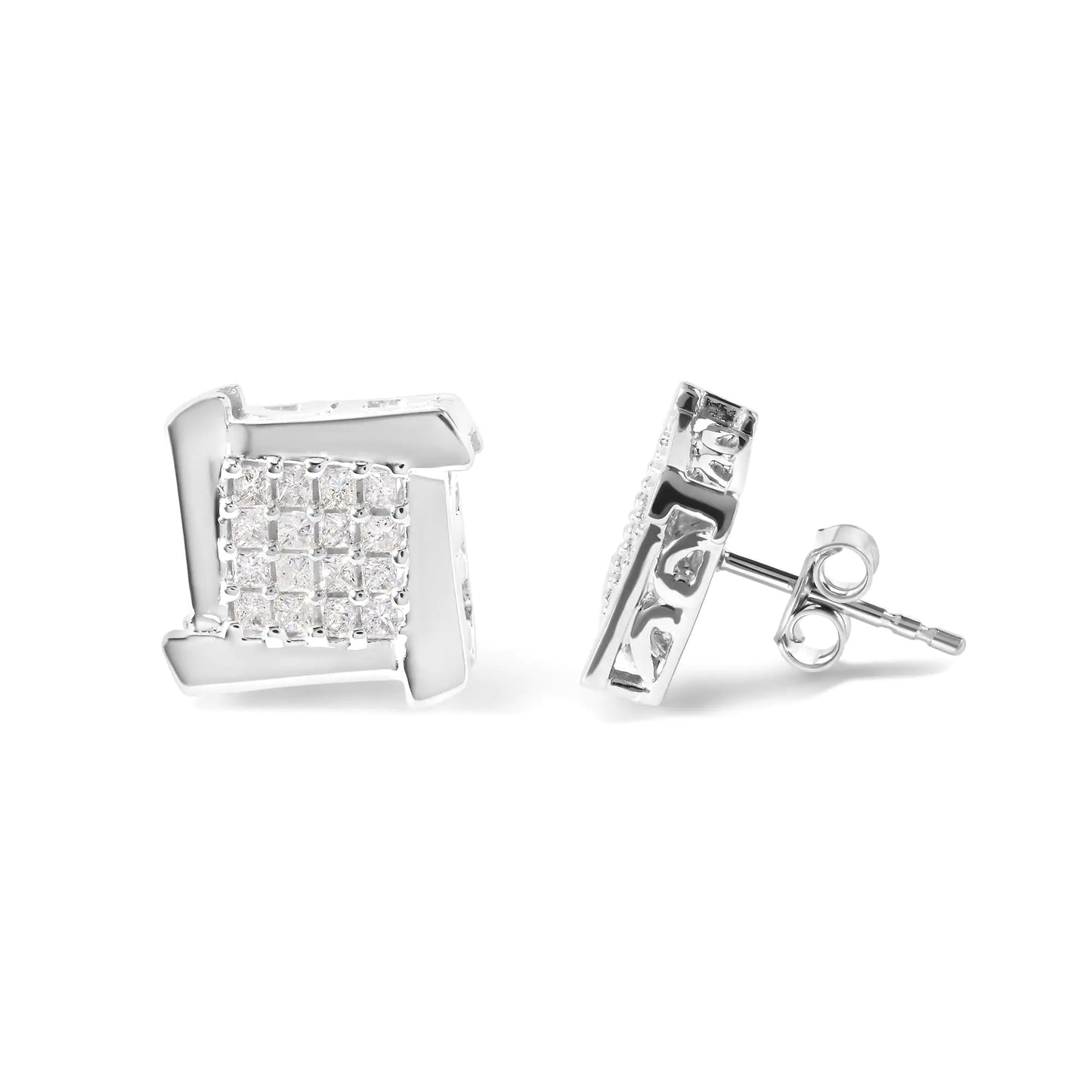 10K White Gold 1/2 Cttw Composite  Princess Diamond Square and Swirl Stud Earrings (I-J Color, I1-I2 Clarity)