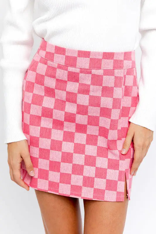 Checkered Print Slit Mini Skirt