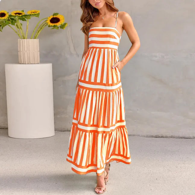 Striped Summer Maxi Dress with Pockets – Backless Beach Style